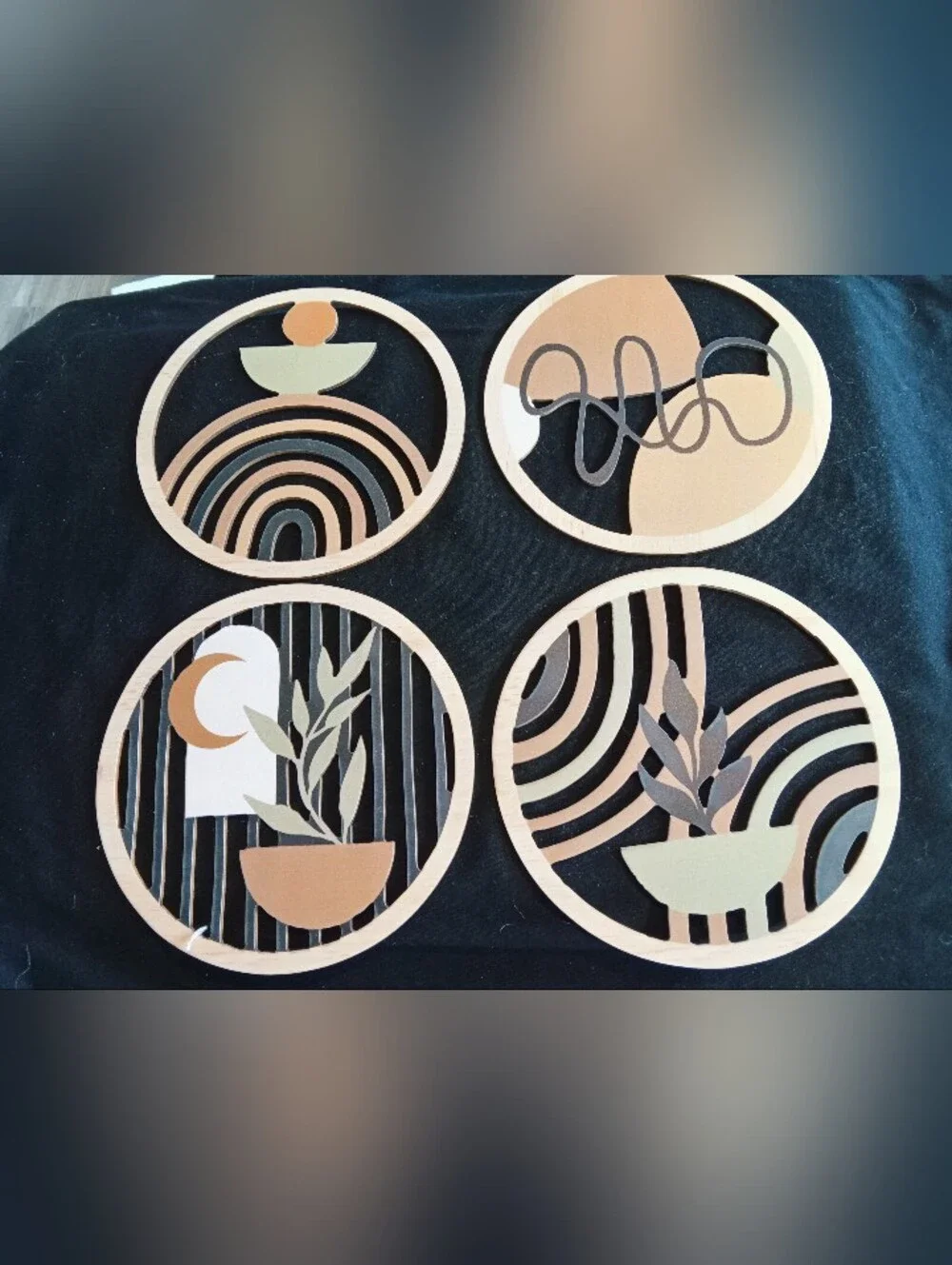 Neutral Geometric Plant Wall Art Set - Modern Round Panels
